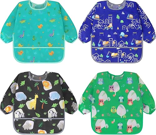 Miniatura 10 de Accmor Paquete de 4 baberos de manga larga, baberos impermeables para bebé de 6 a 36 meses Alce Amarillo/Cactus Verde/Cerdo Naranja/Flamenco