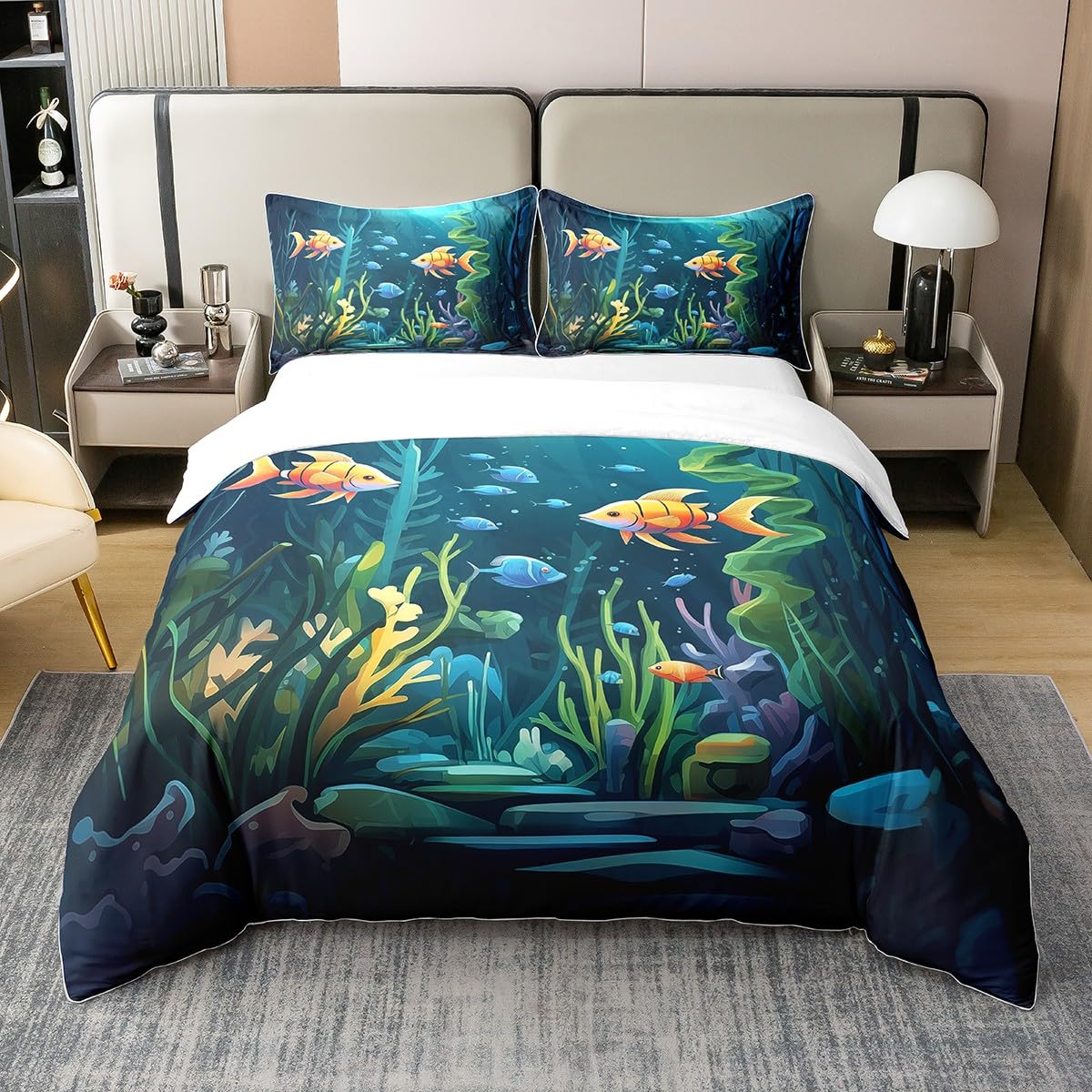100% Organic Cotton Cute Fish King Comforter Cover Yellow Ocean Fish Duvet Cover Coral Sealife World Oasis Bedding Set Underwater World Bed Set With Zipper Closure,Soft Warm
