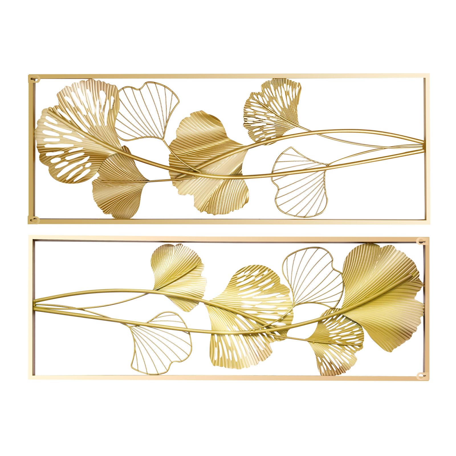 HazLope Set da 2 decorazioni da parete in metallo con foglie di ginkgo, quadro da parete con foglie di ginkgo, scultura da parete, ornamento da parete, appendiparete con cornice lunga e foglia di