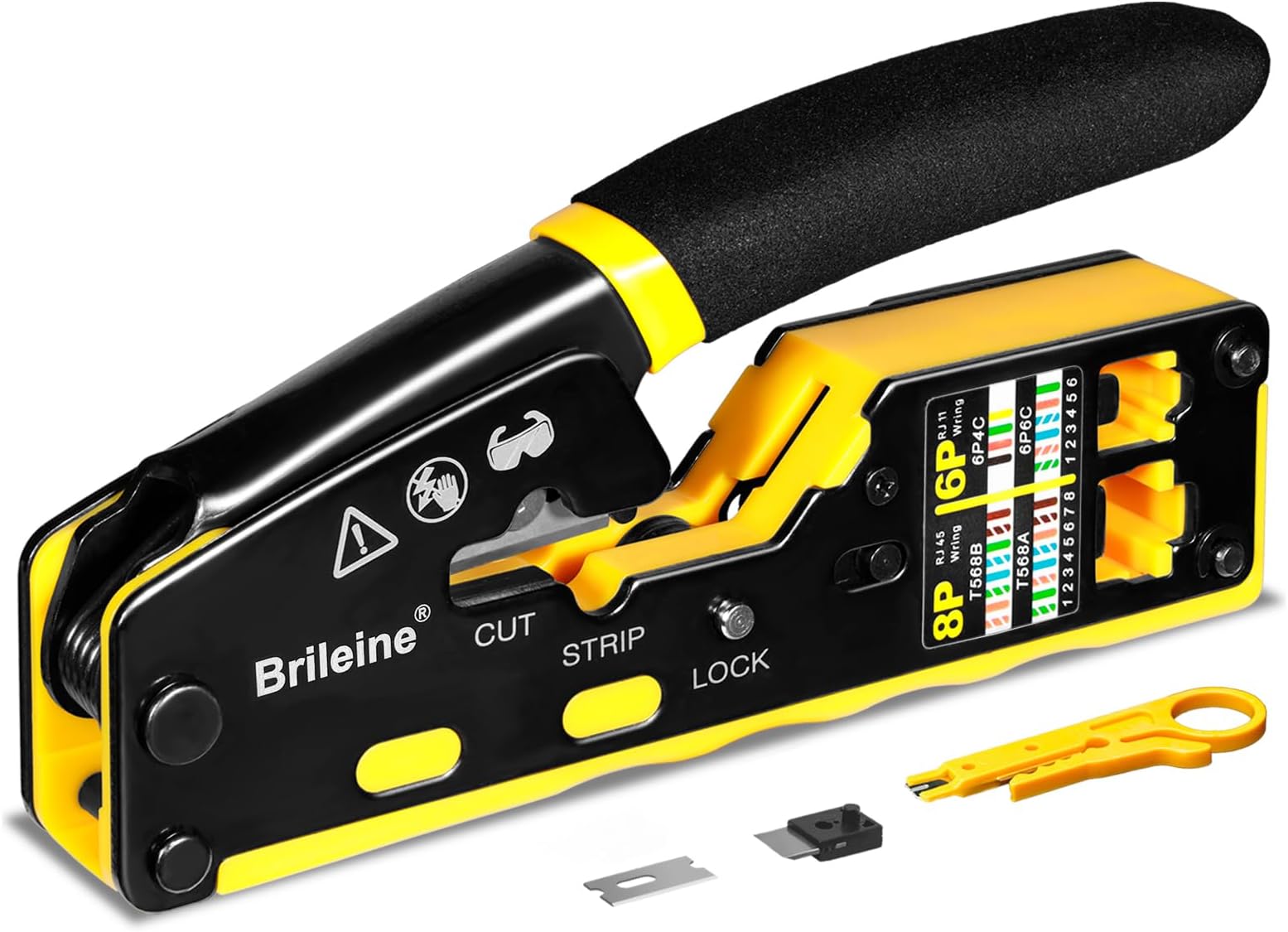 Brileine RJ45 Crimp Tool Pass Through Crimper for RJ45 Connectors / Cat6 Cat6a Cat5 Cat5e Connector Ethernet Crimper Tool with Mini Cable Stripper