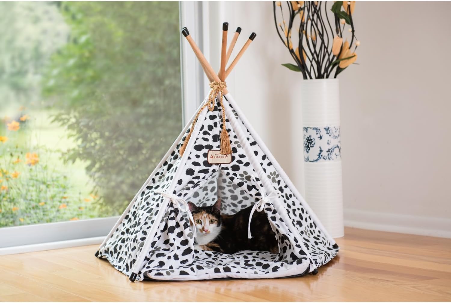 HomeStock Cat Teepee Bed - Tent Style Cat House - 35" White Paw Print - Waterproof Base - Cozy & Stable