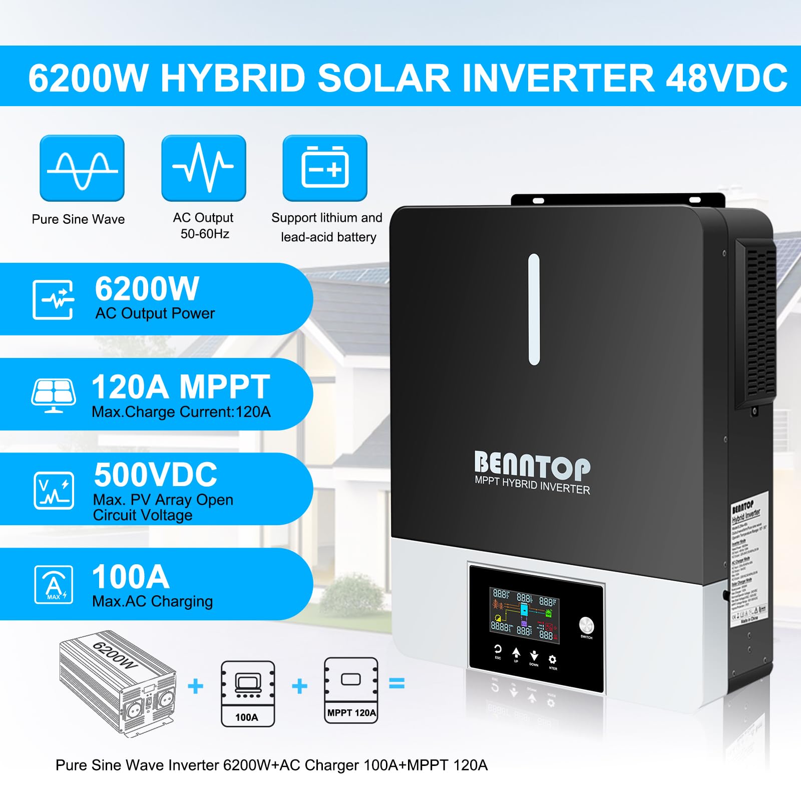 Inverter solare ibrido 6200w 48VDC to 230VAC Pure Sine Off-Grid Wave Inverter with 120A MPPT Solar Controller, Max PV Input Voltage 500V for piombo Acid and Lithium Batterie
