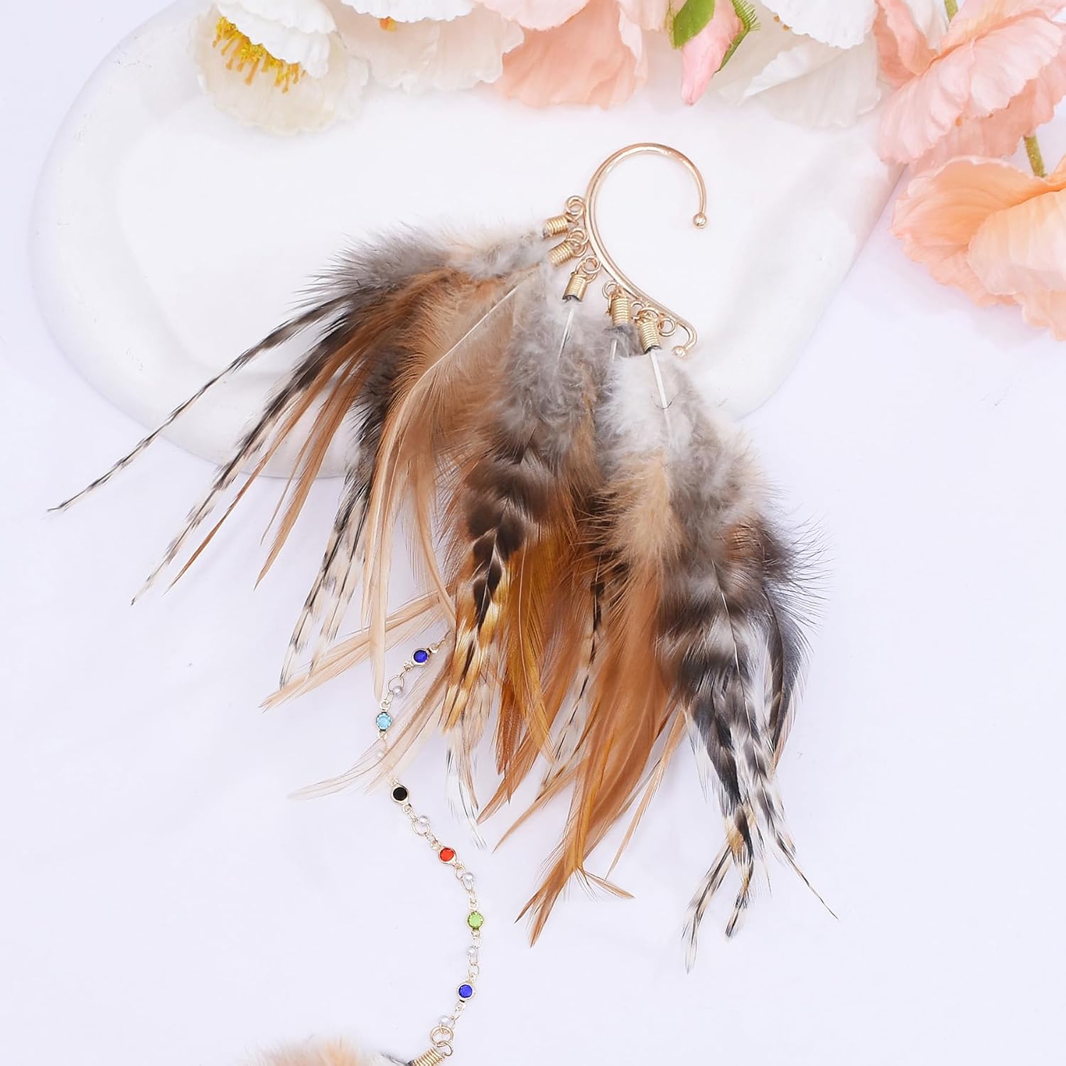 1 Piece Feather Ear Cuff Earring with Beaded Chain Bohemian Style Long Dangle Design Handmade Feather Ear Wrap, American Indian Style