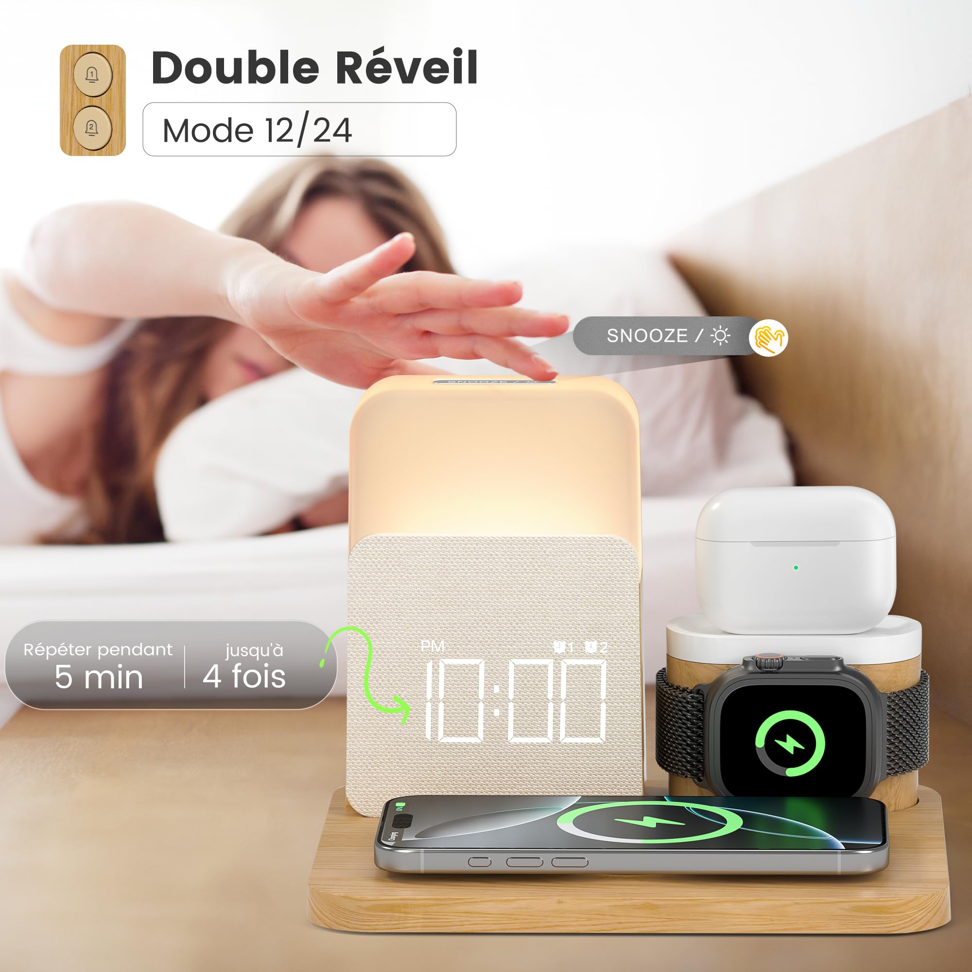 COLSUR Chargeur Induction 7 en 1 pour Apple Watch iPhone AirPods, Station De Charge Samsung, Lampe de chevet chambre tactile, Réveil, téléphones accessoires sans fil 17/16/15/14/13, decoration chambre