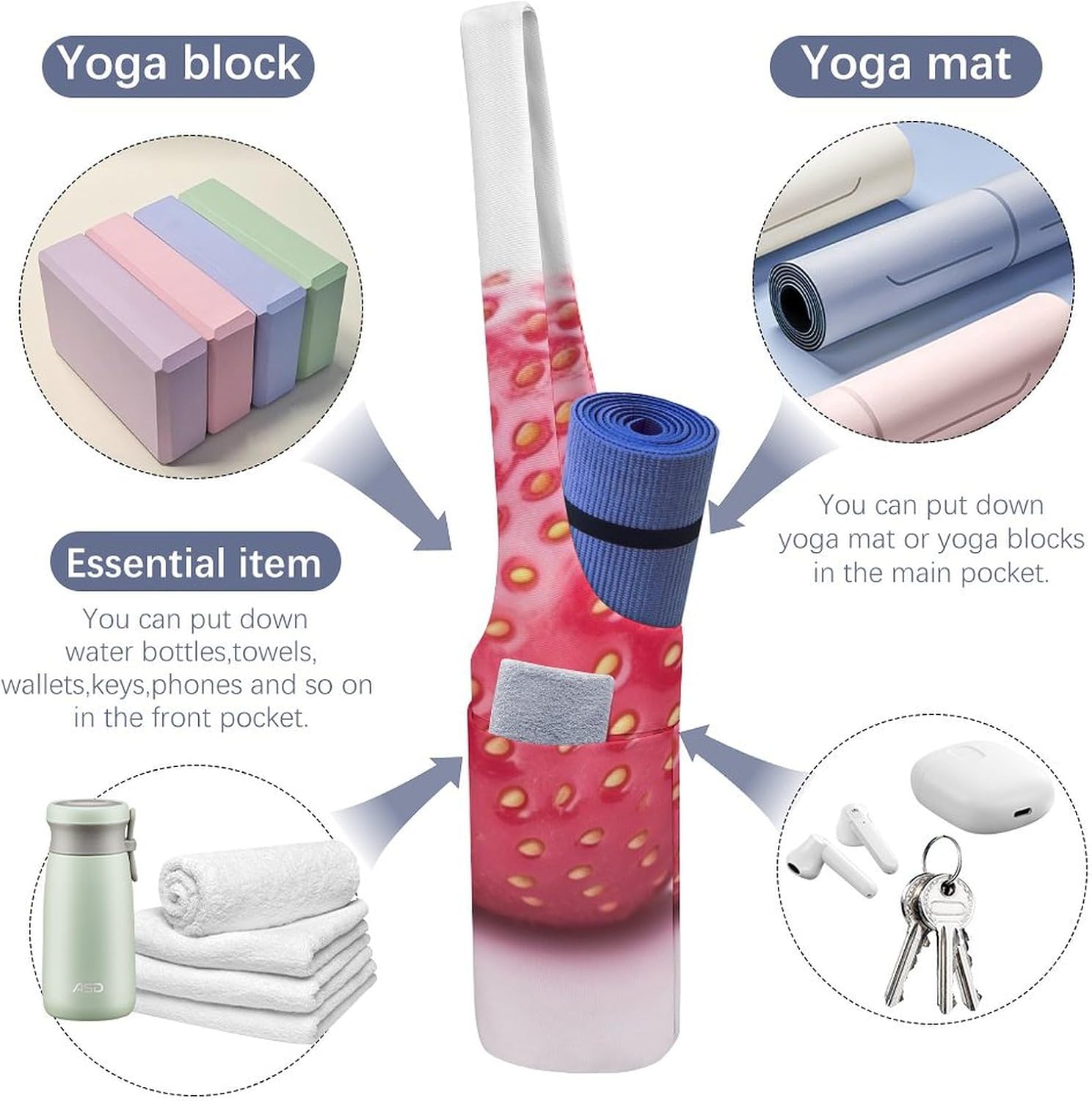 Canvas Yoga Bag,Strawberry Printed Yoga Mat Handbag,Portable Yoga Mat Bag Large Capacity Gym Bag for Men Women Pilates Beach Travel