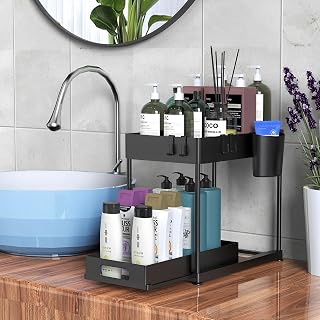 Under Sink Organizer, 2 Tier Bathroom Cabinet Organizer with Sliding Basket, Multi-Purpose Under Sink Organizers and Storage for Bathroom Kitchen (4 Hooks)