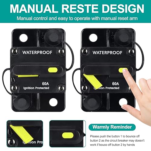 Miniatura 2 de Disyuntor de 60 amperios, con reinicio manual, 12 V-48 V CC, para motores de arrastre marinos, barco, ATV, protección de potencia manual y