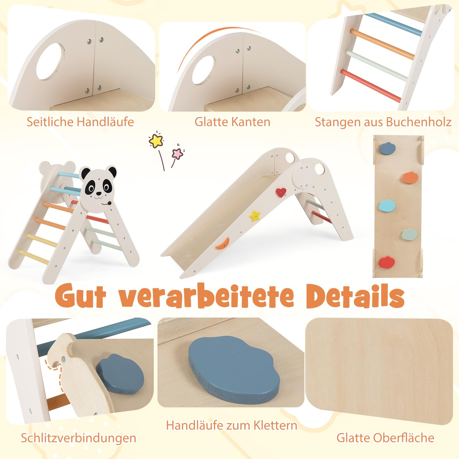 COSTWAY Kletterdreiecke Indoor 3er Set, klappabres Kletterdreieck mit Rutsche, Rampe, Kletterleiter, inkl. Baustein Set, Klettergerüst Holz, Sprossendreieck für Kinder ab 3 Jahr (Macaron)