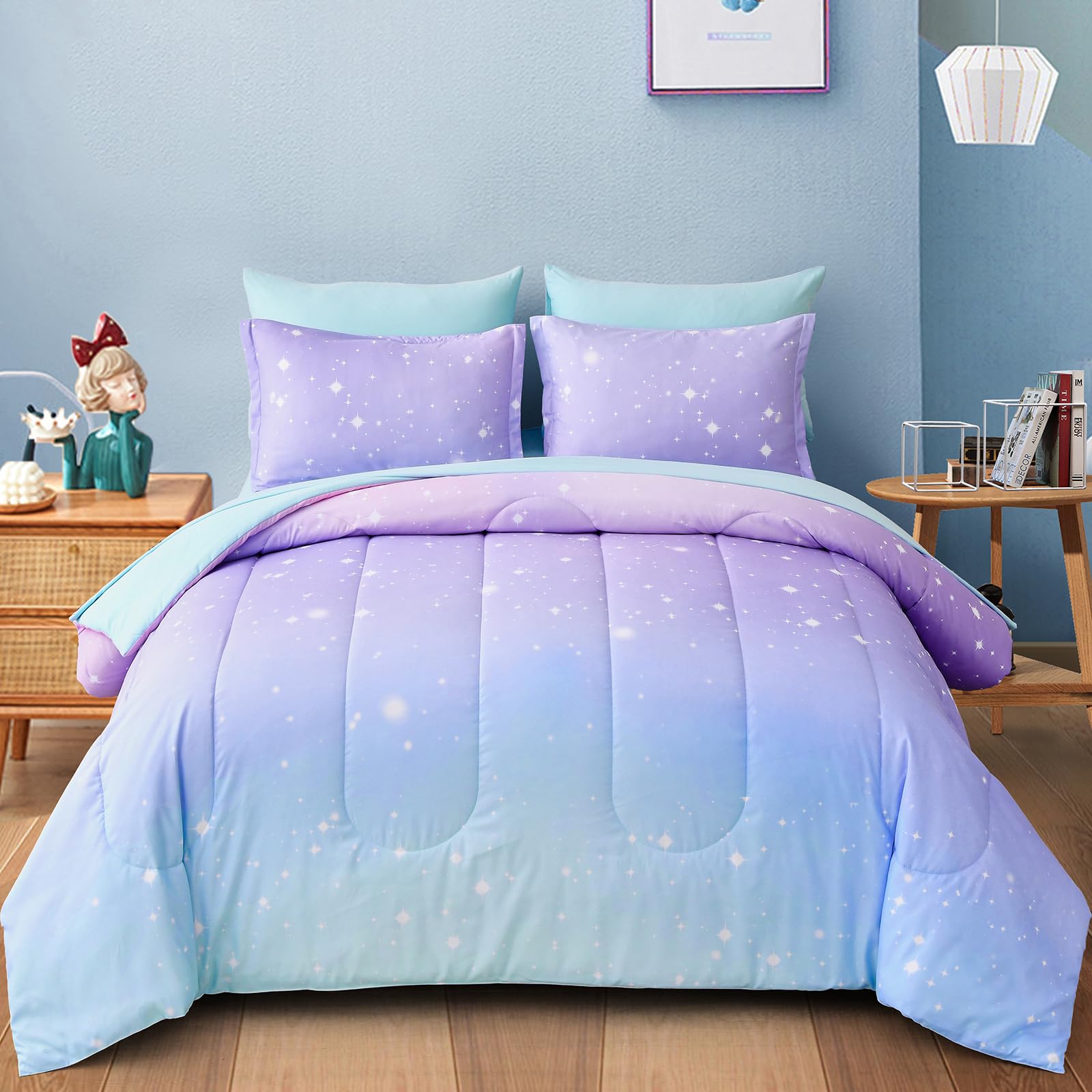 Drucon Rainbow Kids Comforter Set for Girls,6 Pieces Bed in a Bag Twin Size, Ultra Soft Microfiber Bedding Set(1 Comforter, 1 Flat Sheet, 1 Fitted Sheet, 1 Pillow sham, 2 Pillowcases)
