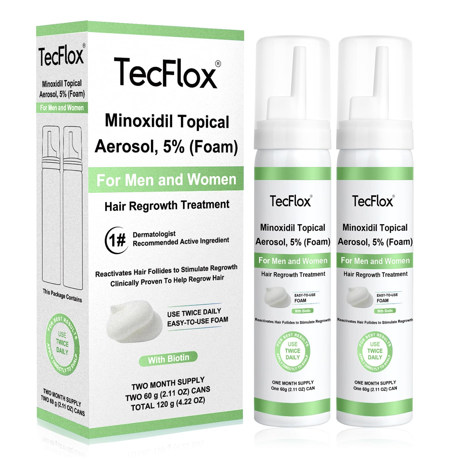 Minoxidil Foam - 5% Minoxidil for Men & Women, Hair & Beard Growth with Biotin, Thicker Hair, Unscented, 2 x 2.11 Oz, 2-Month Supply, Hair Loss Treatment (White)