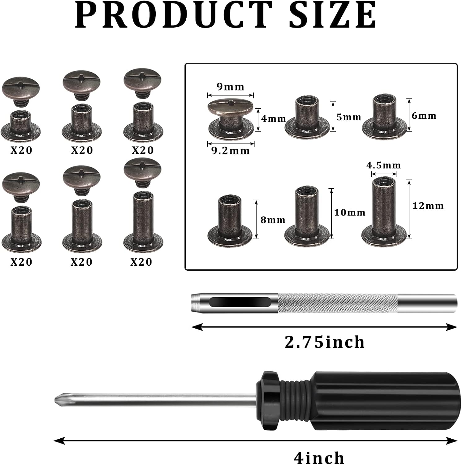 MIGSONDE 120 Sets Chicago Screws Assorted Kit, M5 Binding Screws Assembly Bolt Nail Rivet Button DIY Leather Decoration Book Binding Craft Round Flat Head Stud Screw (4/5/6/8/10/12MM X 20 Pcs) Black : Arts, Crafts & Sewing