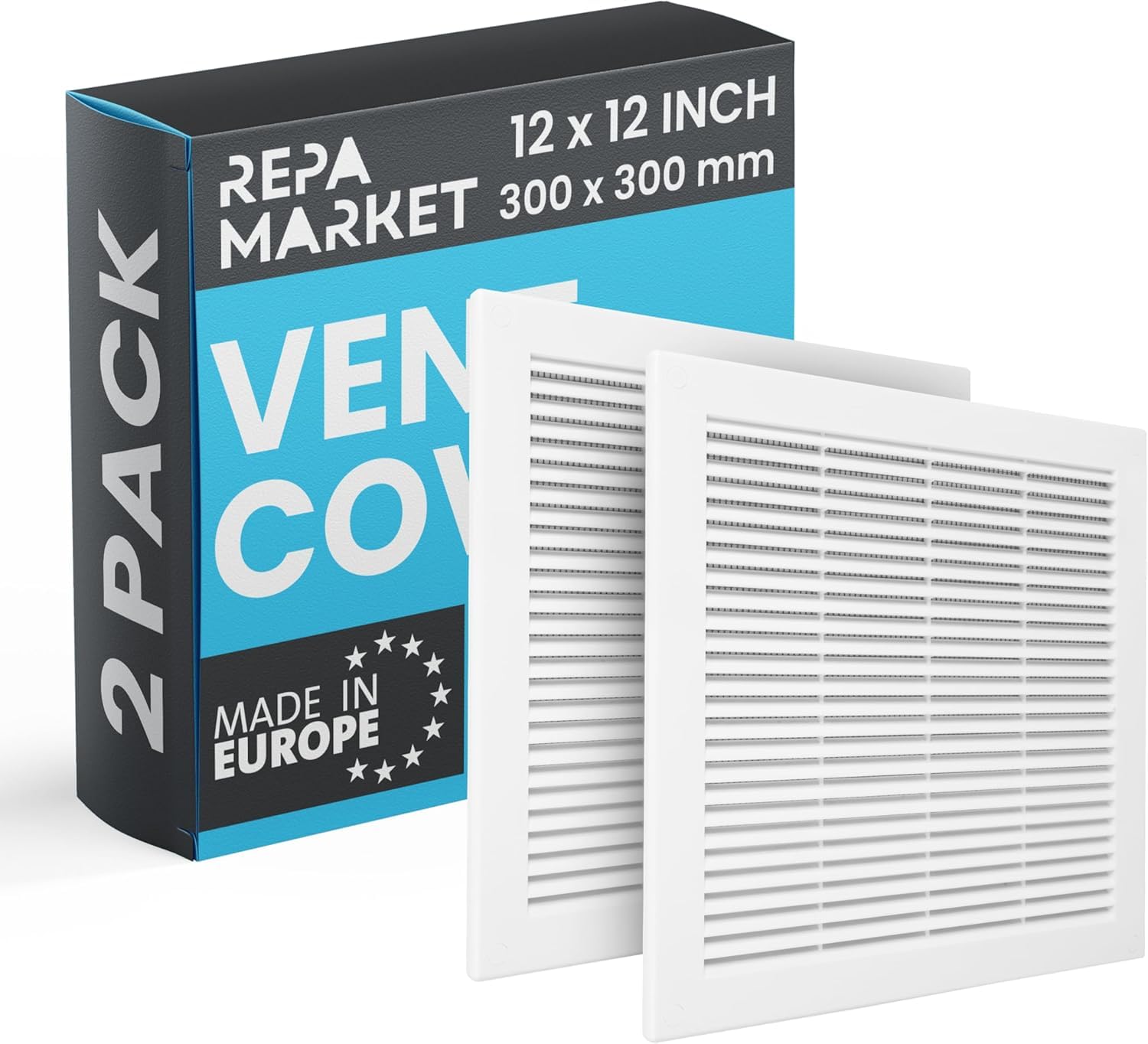 Repa Market 12 x 12 Inch / 300 x 300mm (Outer Size) White Square Air Vent Covers for Walls - Pack of 2 Plastic Intake Air Vents - Grill Cover w/Nylon Mesh Screen - HVAC Ceiling Ventilation Grilles