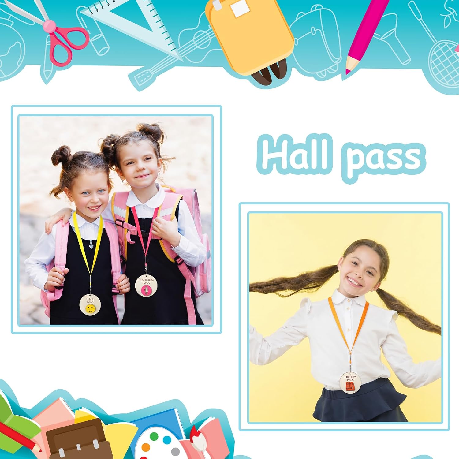 Chiisong 6 Sets Hall Pass Lanyards and School Passes Set Unbreakable Wooden Bathroom Passes for Classrooms Hall, Restroom, Library, Office and Nurse School Teacher Supplies Gift(Round,Beige) image 5