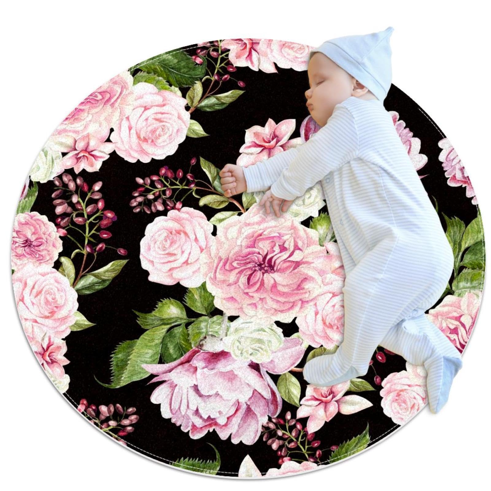 Tapis de bain rond 1m antidérapant imprimé fleurs de pivoines et roses pour chambre