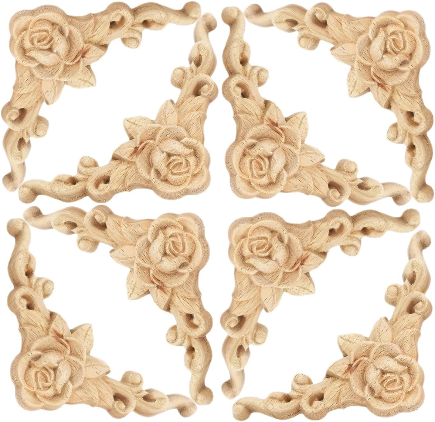 10PCS Decorative Wood Carved Appliques Onlays Unpainted Cute Wooden Corners,Flower Carvings Decals for Mirrors Cabinets Walls Doors Chests Dressers Night Stand DIY Artwork Project, 8x8cm/3.15