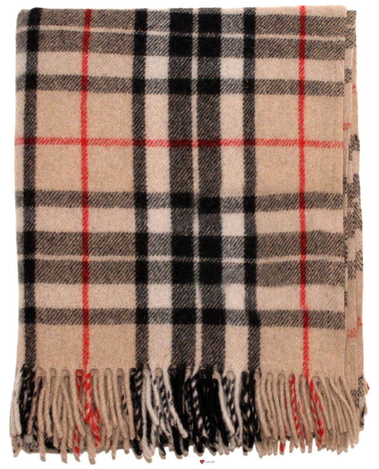 I Luv Ltd Thomson Camel Tartan Beige Tweed Sofa Throw Blanket 75% Wool Plaid Large Throws For Sofas Wool Rug Outdoor Blanket Picnic Blankets