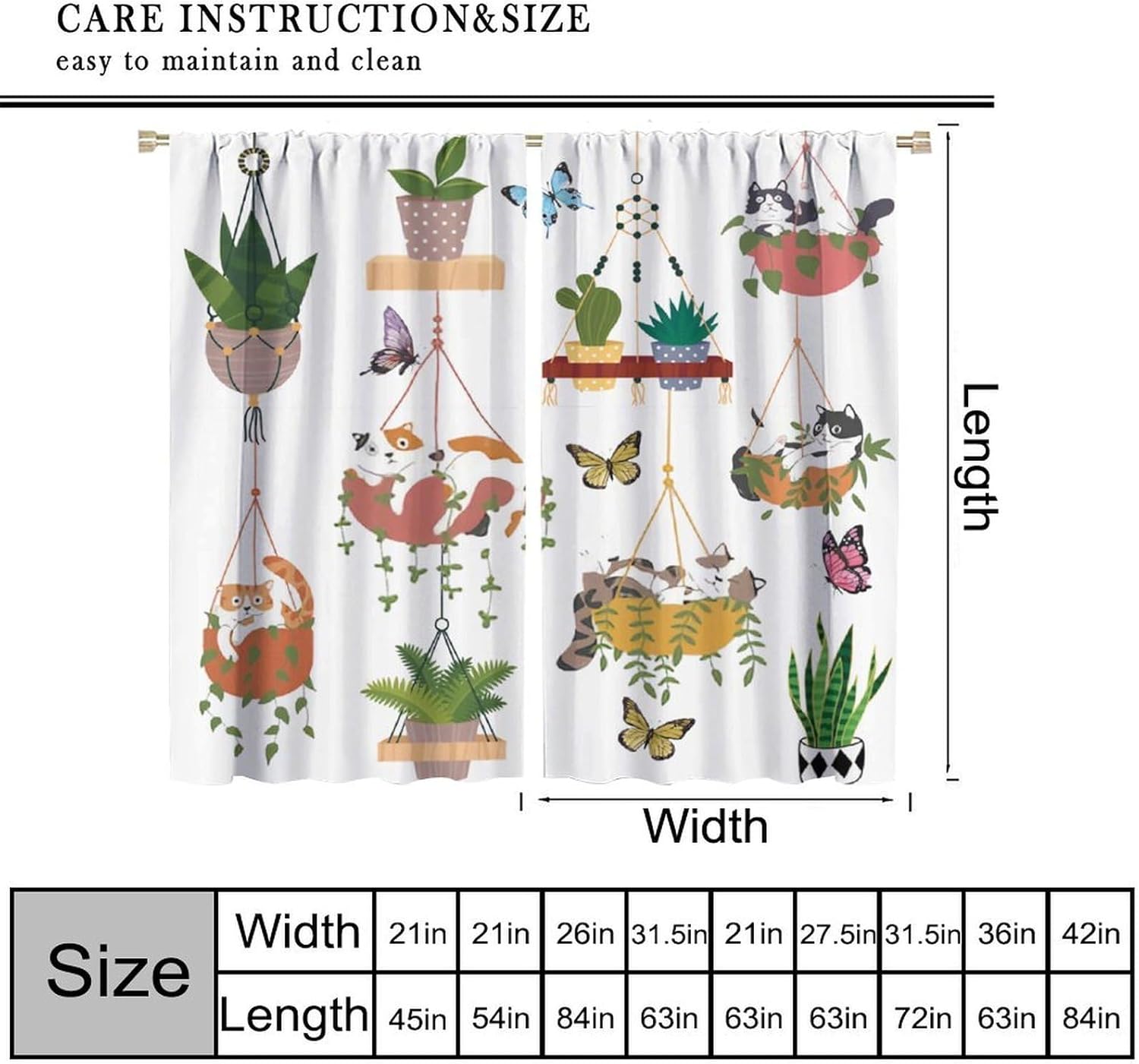 Potted Plant Blackout Curtains Cute Cat & Butterfly Hanging Plants Colorful Illustrations Rod Pocket Window Treatments for Bedroom Kitchen Living Dining Apartment Dorms Cafe 42" W X 45" L