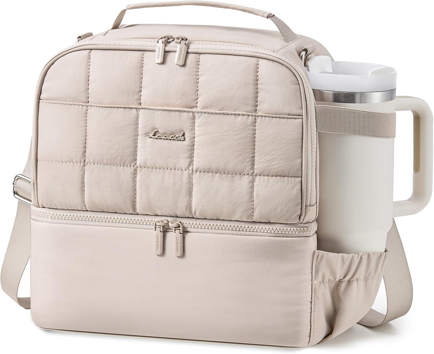 LOVEVOOK Lunch Box For Women, Large Double Deck Lunch Bag Women, Adult Insulated Lunch Bag with Shoulder Strap, Quilted Puffer Lunch Tote for Work Picnic College Mom Teacher