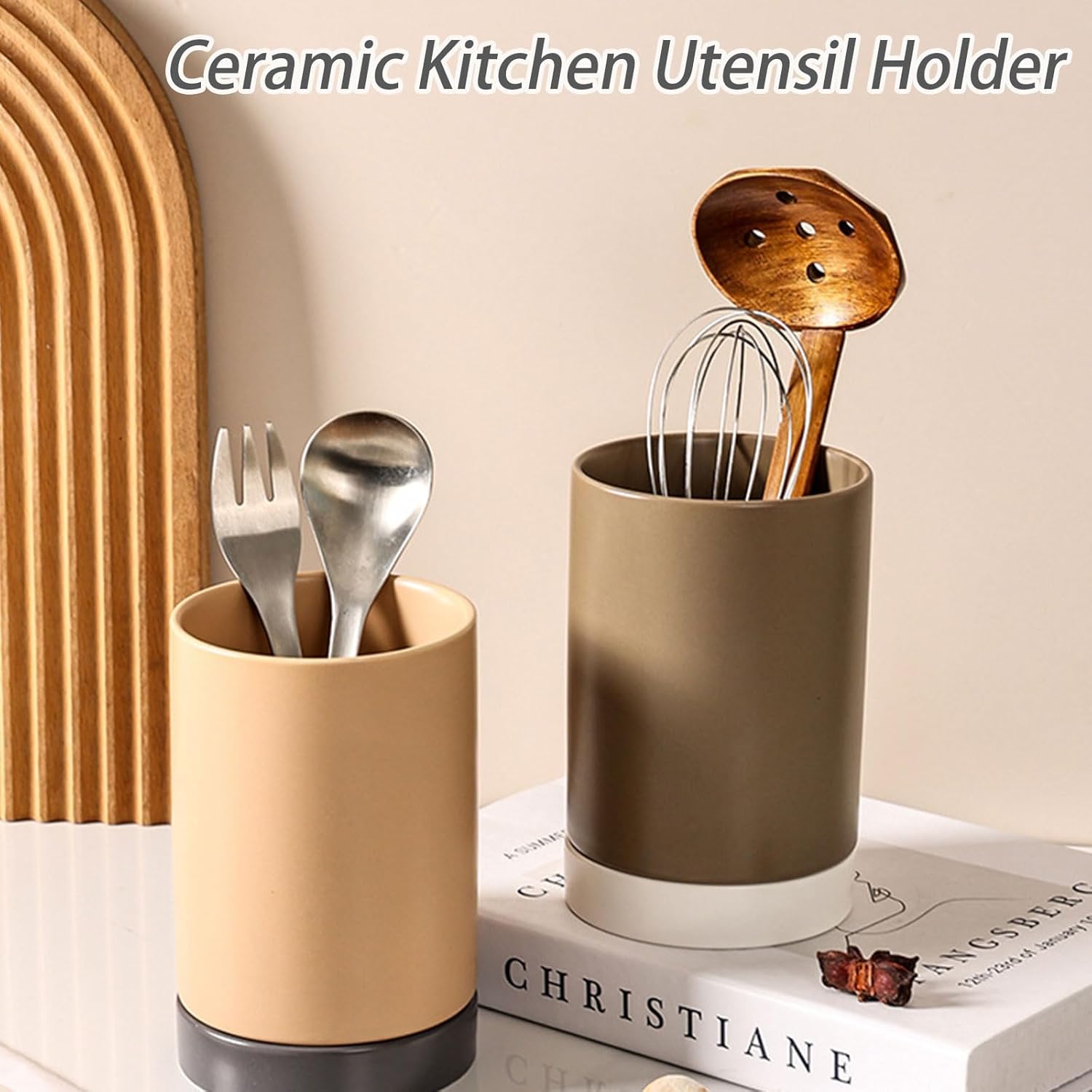 Dxcaicc Utensil Holder,Large Ceramic Stable Utensil Caddy,Drainer Ceramic Cooking Utensil Holder,Ceramic Kitchen Utensil Holder for Countertop,Cooking Utensils Holder for Kitchen,Brown