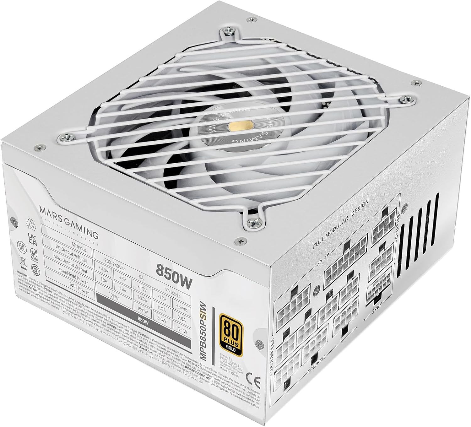 Mars Gaming MPB850PSI, Fully Modular ATX Power Supply 850W, 10 Year Warranty, 80Plus Gold 90%, SI Fan 14cm, AI2-RPM Technology, DC-DC and SMD, ATX 3.1 and PCIe 5.1, 12V 2x6 Connector, White