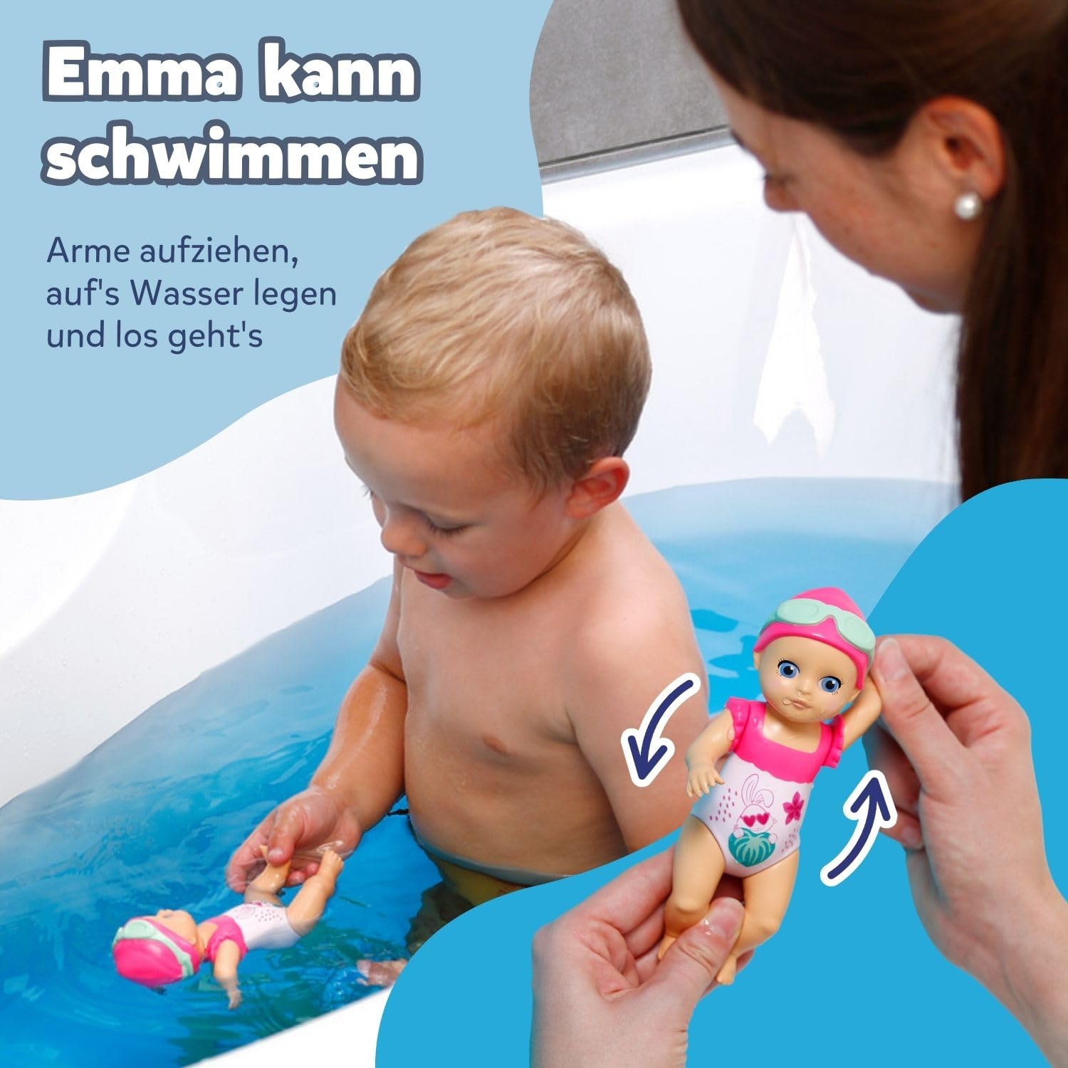 BABY born Splish Splash Emma, interaktywna zabawka do kąpieli z mechanizmem nakręcania, kolorowa zabawka do kąpieli dla maluchów, sensoryczna zabawa i rozwój, 839133 Zapf Creation | Mechaniczna funkcja pływania do zabawy w wodzie, bez baterii, lalka do ką