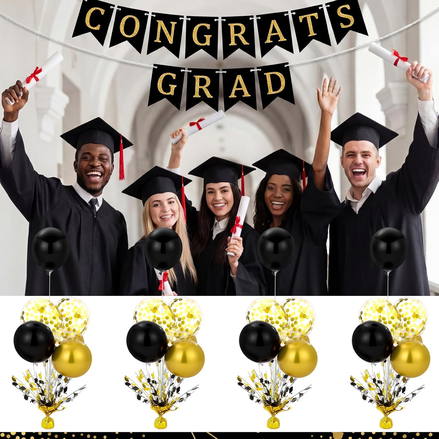 4 Set Black and Gold 2026 Graduation Table Centerpiece Party Decoration Metallic Foil Spray Centerpiece Glitter Decor Balloon Stand Kit Table Decor for Graduation Party with Grad Caps