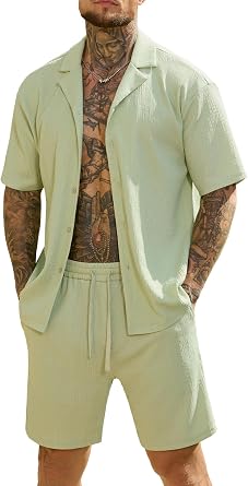 JEMLDL Mens 2 Piece Shorts Set Summer Beach Outfits Short Sleeve Button Down Shirts Vacation Textured Sets