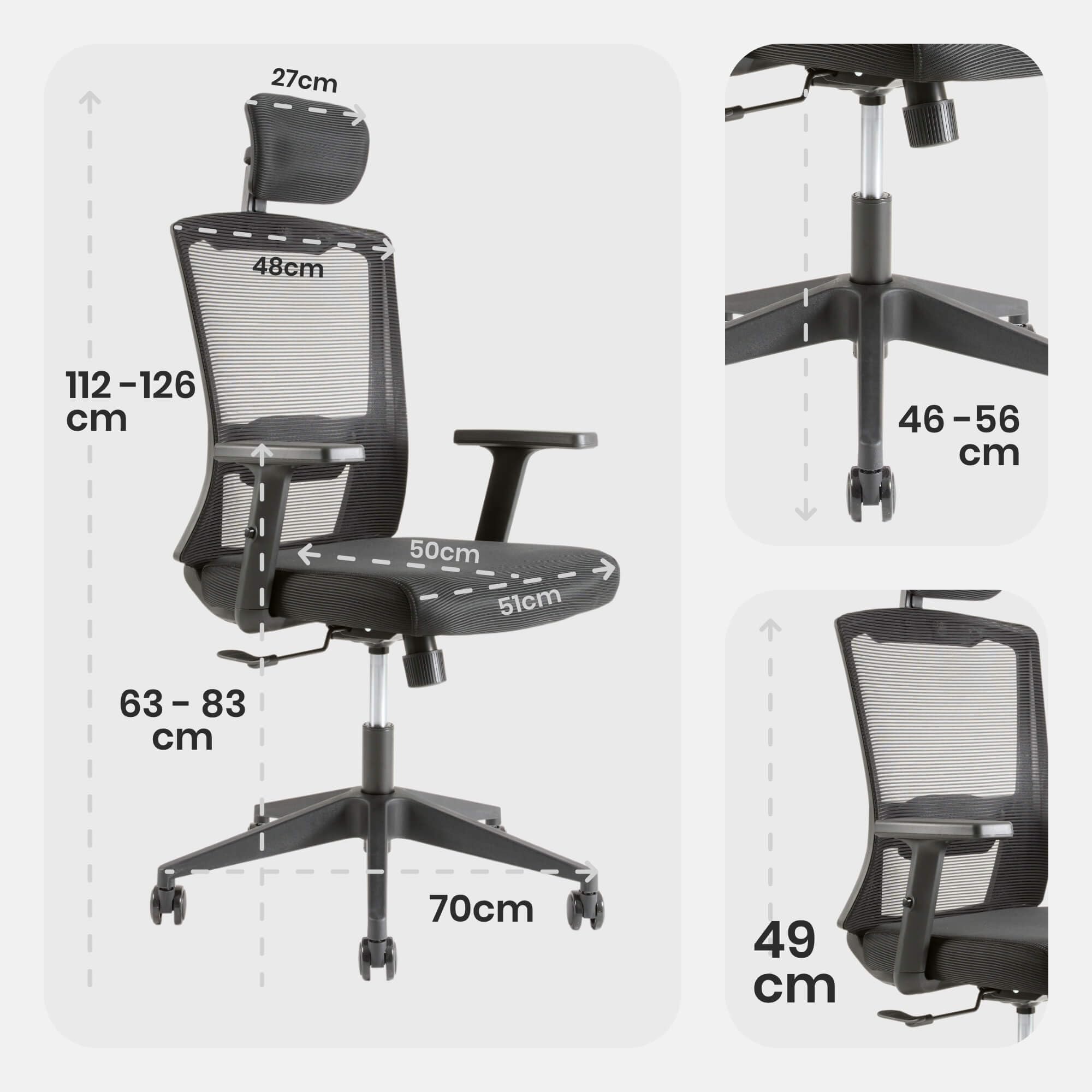 Arebos Bürostuhl Ergonomisch, Schreibtischstuhl mit Verstellbarer Kopfstütze, Armlehnen, Lendenwirbelstütze, Drehstuhl Wippfunktion, Chefsessel aus Mesh,Rückenschonend, Bürostuhl 136kg