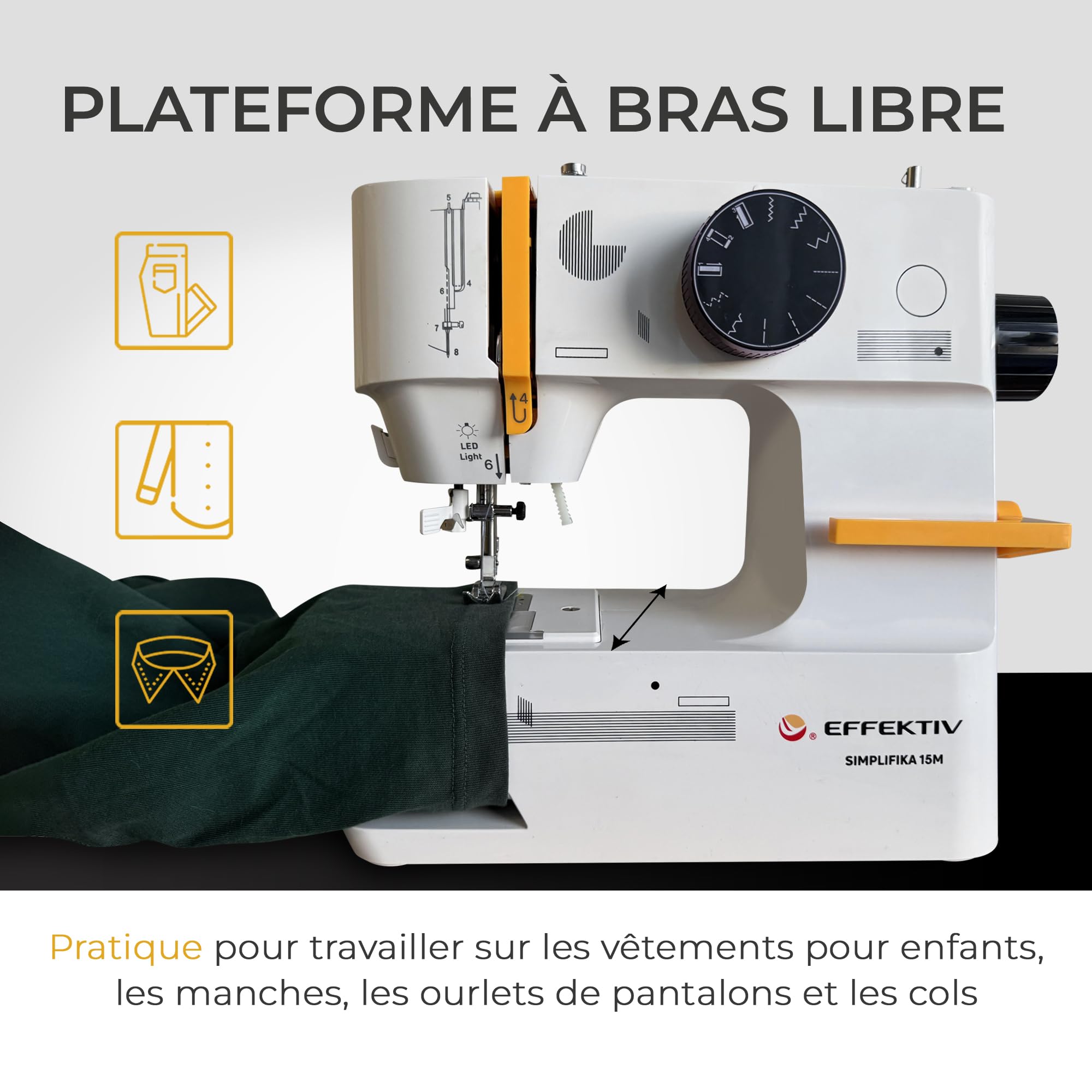 EFFEKTIV Machine à coudre électrique 15 points avec navette horizontale, facile à utiliser pour les débutants, pour la couture domestique, pour tissus épais et fins, table extensible compacte