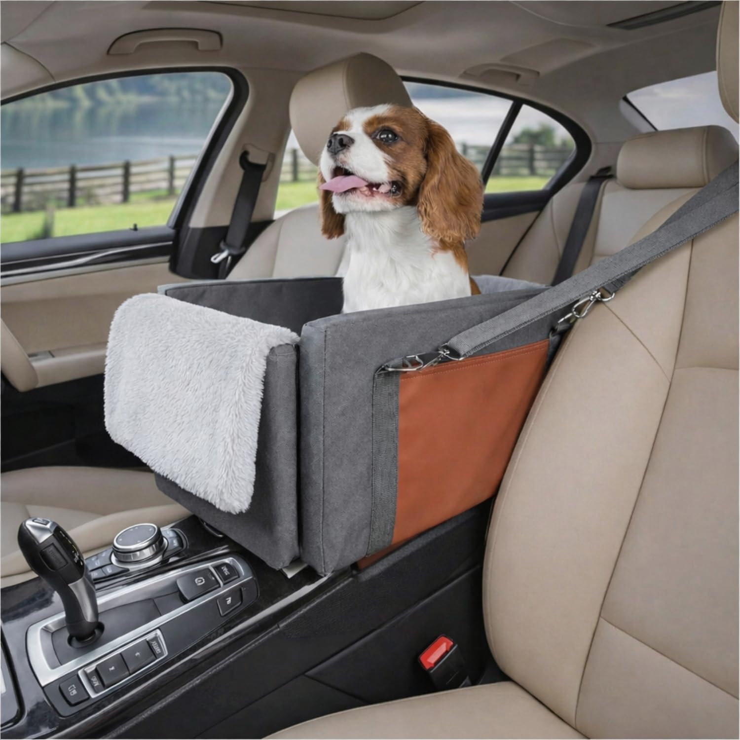 Avont Center Console Dog Car Seat, Armrest Middle Console Booster Carrier with Safety Belts & Storage, Travel Car Seat for Small Dogs & Cats, Well-Cushioned & Anti-Anxiety -Dark Grey