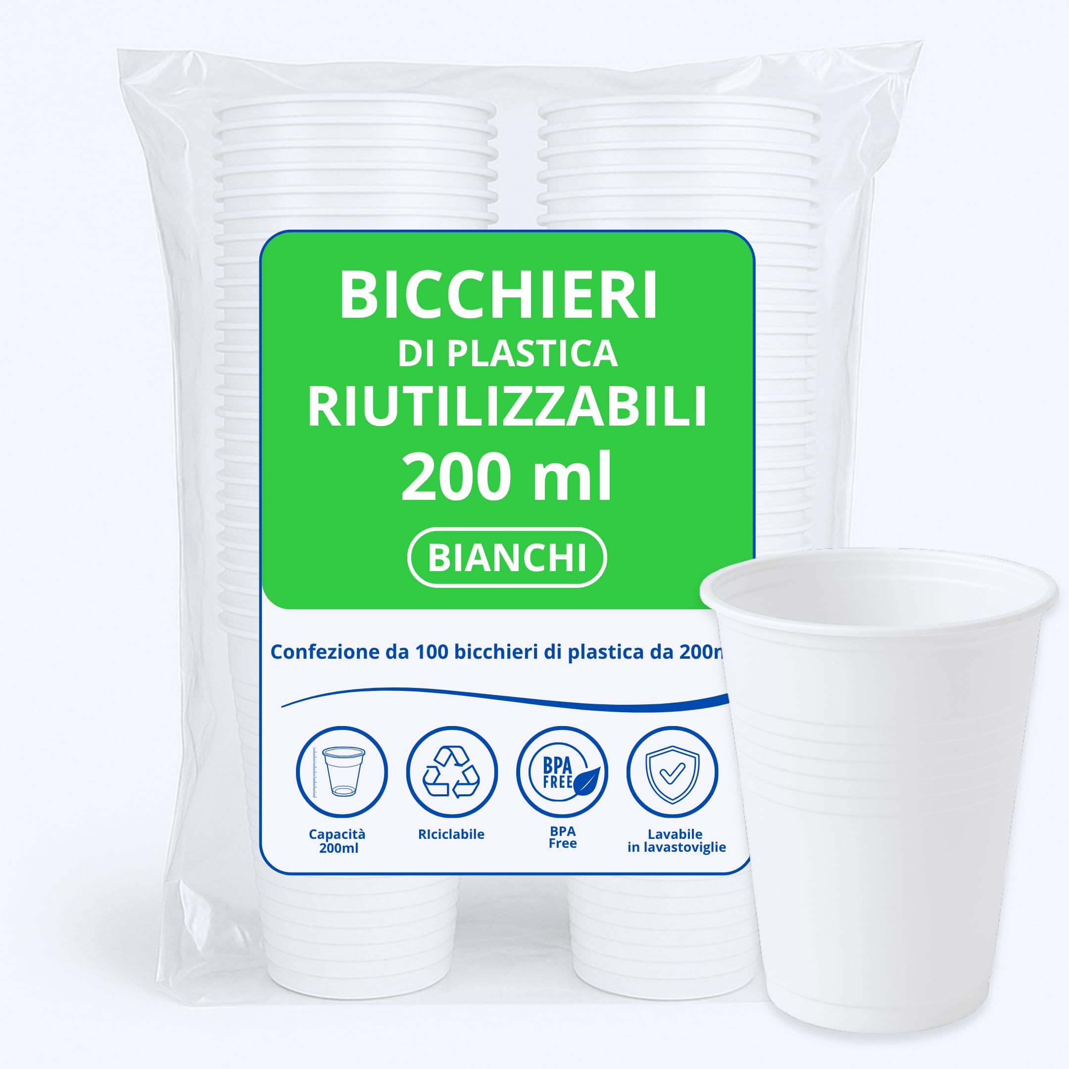 CUCY Bicchieri Plastica Bianchi 200ml 100pz Riutilizzabili (fino a 50 Lavaggi) Lavabili in Lavastoviglie Senza BPA Impilabili Per Acqua Cocktail Birra Ideali per Feste Buffet Ufficio Bar Catering