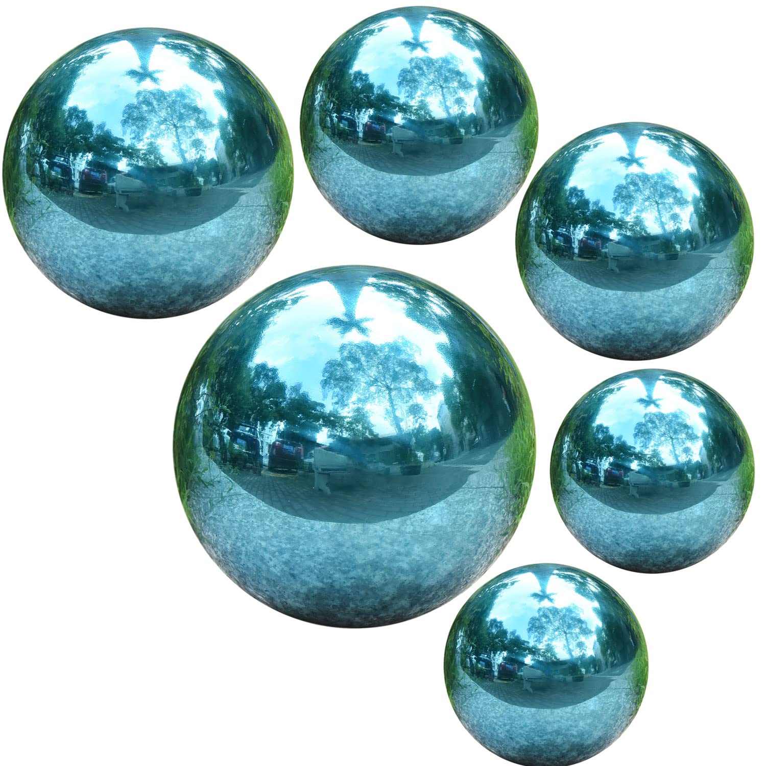 E-Buying 6Pcs Stainless Steel Gazing Balls - 2Pcs 2 inch, 2Pcs 3 inch, 1Pcs, 4 inch, 1Pcs 6 inch, Teal Mirror Polished Hollow Gazing Globe Reflective Garden Sphere for Home Ornament Decoration