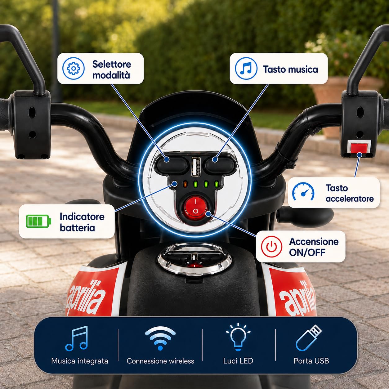 TOYSCAR Moto Elettrica Bambini Aprilia RX Mini Moto Cross SEDILI IN PELLE 3 Ruote Moto Bambini Motore Elettrico 12V Moto Per Bambini 1-4 Anni Luci Led BLUETOOTH Sospensioni A Molla