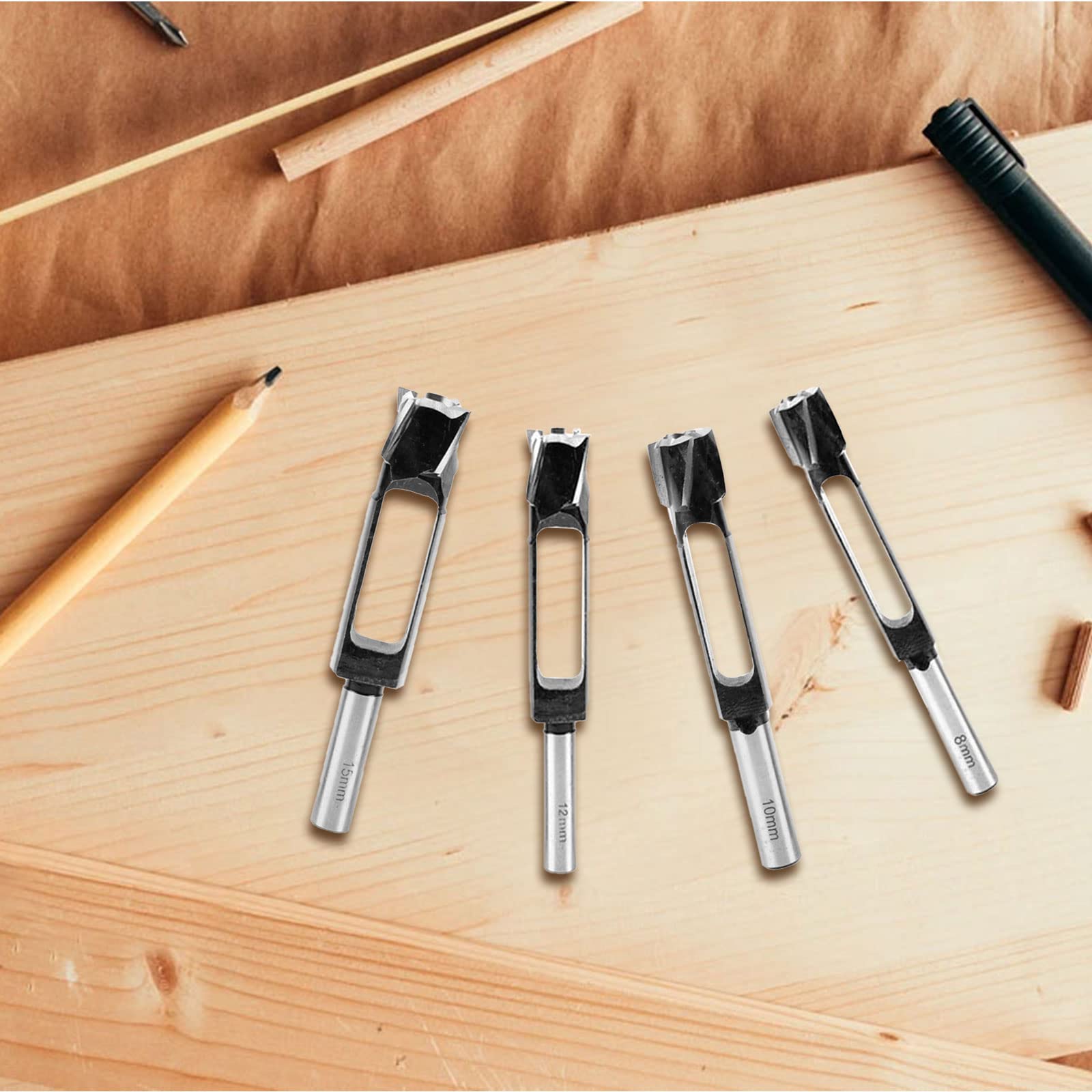 Juego de 4 brocas de espiga profunda para trabajos de carpintería, 8 mm/10 mm/12 mm/15 mm, diámetro cortador de agujeros para madera, cajas de brocas (8 mm/10 mm/12 mm/15 mm)