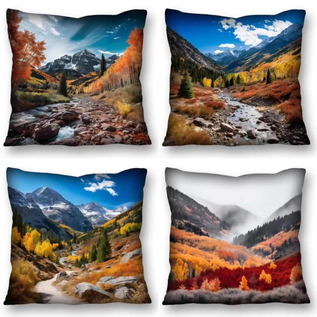 Juego de 4 Fundas de Cojines 70x70 cm Cojines otoño valle Funda Cojin Cuadrados de Lino Fundas Cojines Sofá Cojines Decorativos para Salón Sofá Dormitorio Coche Jardín Silla Decoración del Hogar