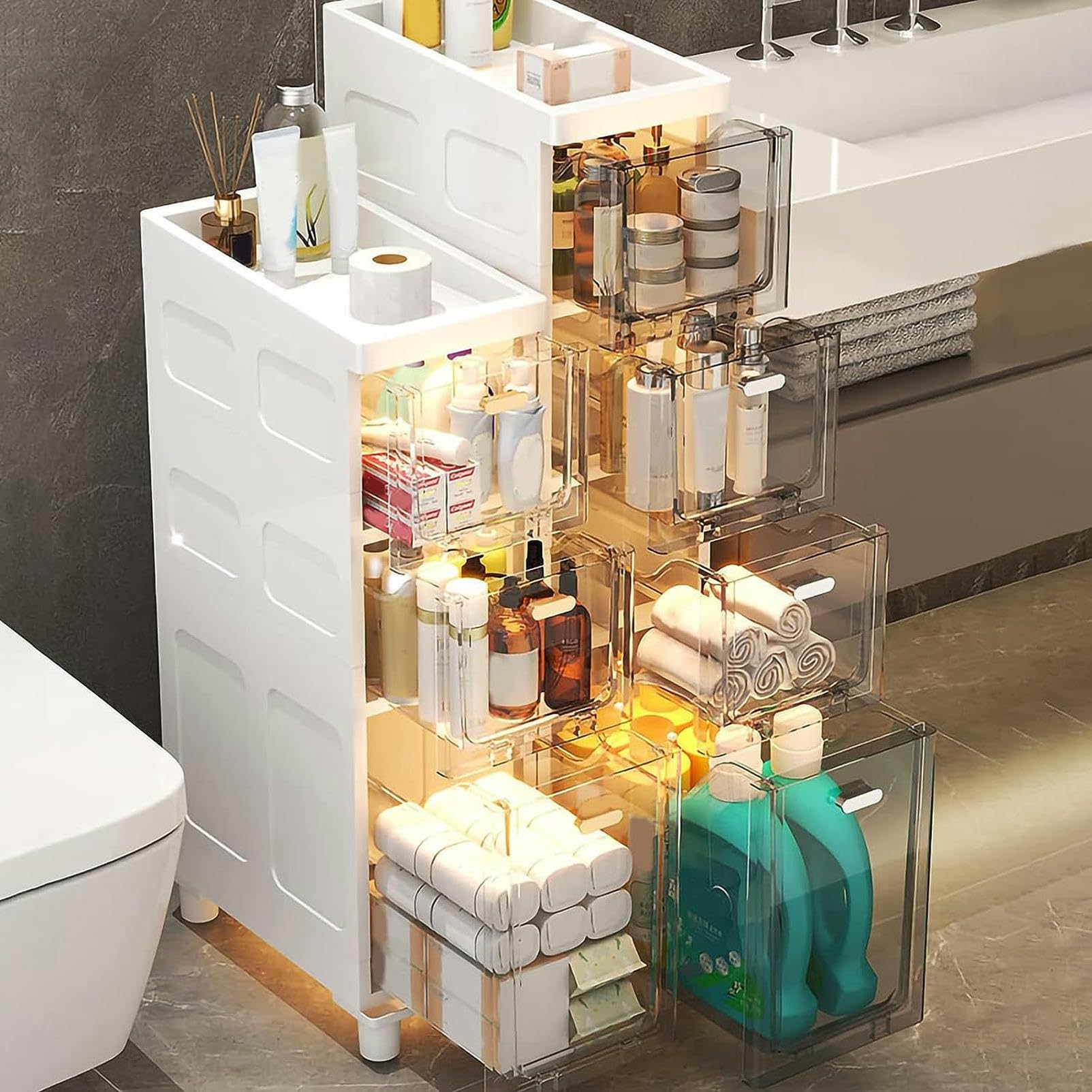 Gabinete de piso para baño con cajones de almacenamiento apilables Gabinete de baño Delgado de almacenamiento, Gabinete de almacenamiento de Papel higiénico Delgado de gr