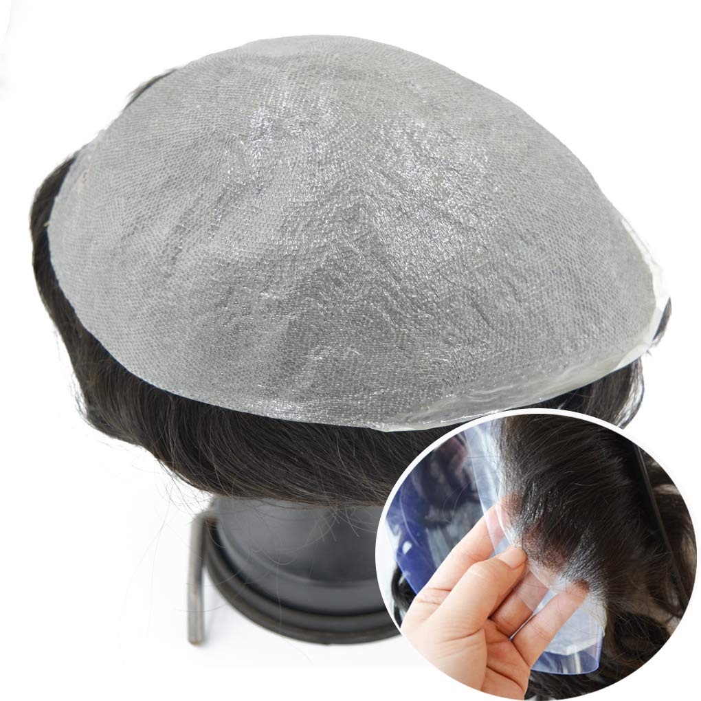 Hairnotion Toupee para hombres 0.04 MM Invisible Piel súper delgada Cabello humano real negro 1b # con pelucas de cabello gris al 10% # 1b10