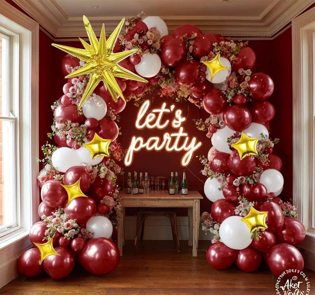 Burgundy Balloons Double Stuffed Wine Red Gold Foil Explosion Star Balloon Garland Different Sizes Maroon Ruby Red Balloon Arch Kit for Birthday Christmas Party Decor