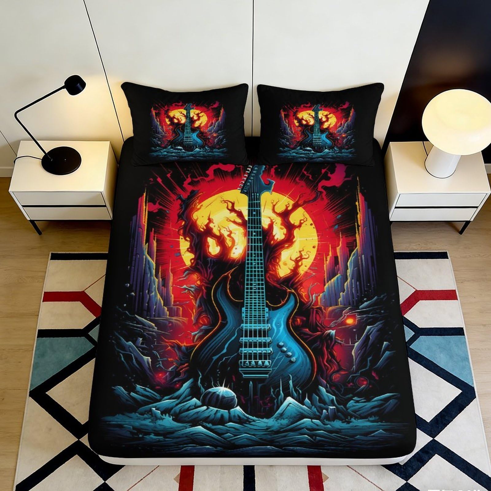 3D Printed Electric Guitar Fitted Sheet Microfiber Soft Breathable Fiery Sunset Bed Cover for Bedroom Dormitory Guest Room Mattress Protection Decor 120x200x25cm