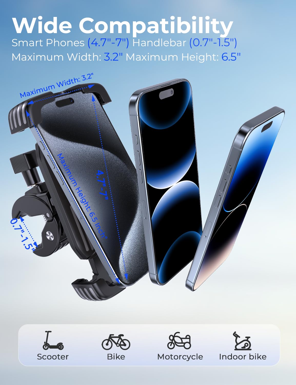 Supporto per telefono da moto per manubrio, con serratura a una mano, design anti-vibrazione, supporto per telefono regolabile a 360°, adatto per smartphone da 4,7 a 7,2 pollici (nero)