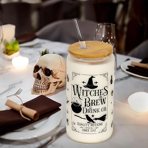 Miniatura 7 de Taza de vidrio de Halloween, vaso de 18 onzas para café helado de bruja esmerilada con tapa y pajita, vaso de cerveza de bruja, decoración de