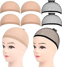 FANDAMEI Nylon Hair Net Wig Caps, Set of 6 Wig Caps, Stretchy Elastic Breathable 4 Naked Beige Wig Caps + 2 Black Hair Nets