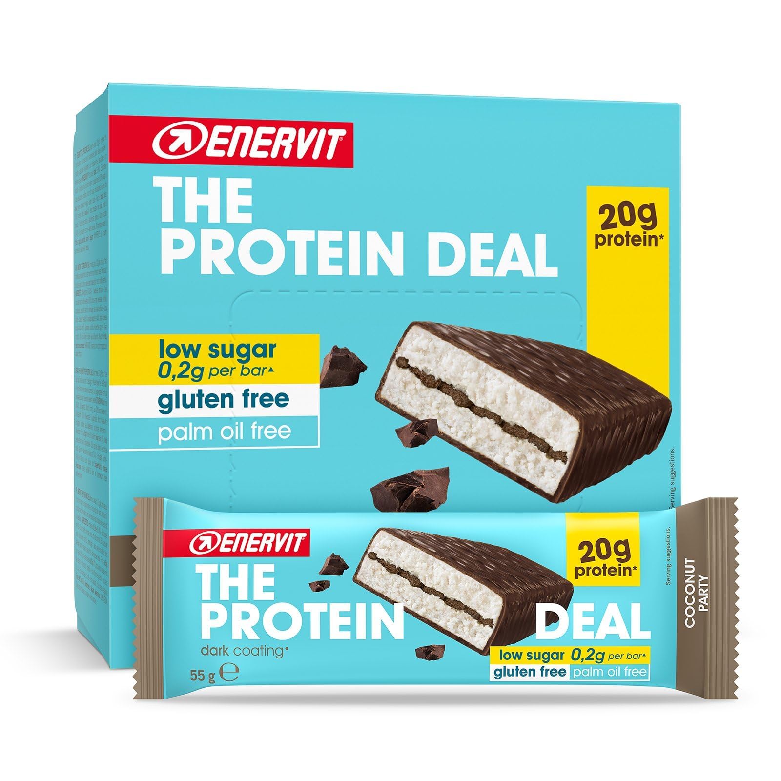Enervit The Protein Deal Coconut Party – Proteinriegel, Kokos und Zartbitterschokolade, 20 g Protein, 0,2 g Zucker, leckerer und ausgewogener Snack, Glutenfrei, 12 Riegel à 55 g