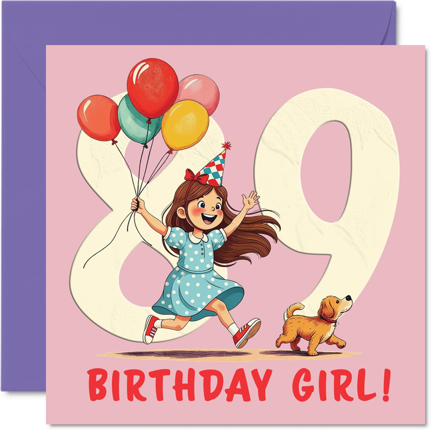 89th Birthday Cards for Women - Balloon Girl - Happy Birthday Card for 89 Year Old Woman Nan Wife Granny Nanny, 145mm Bday Greeting Cards