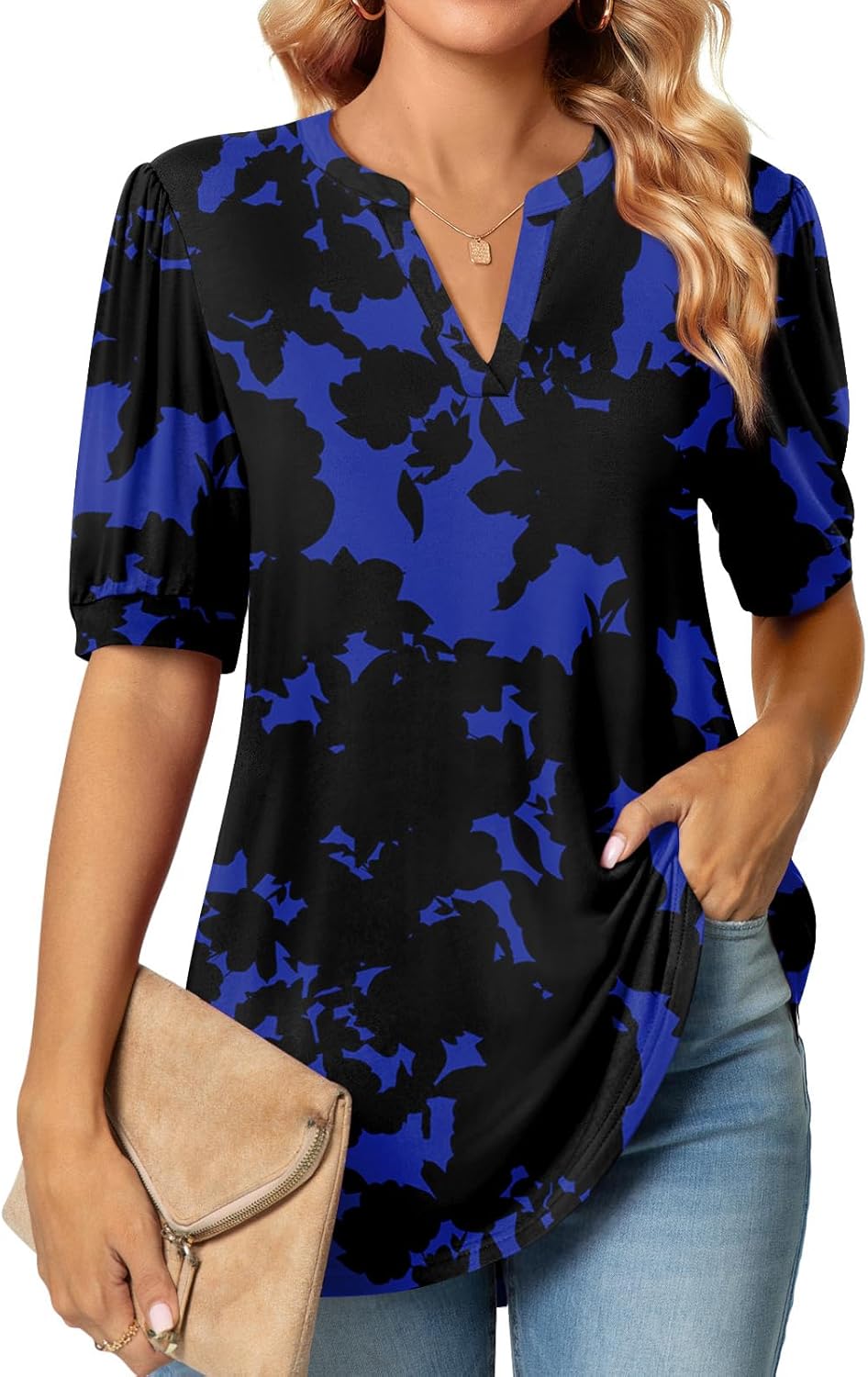 Anyally Womens Summer/Spring Puff Short Sleeve Tops Dressy Casual V-Neck T-Shirts Cute Blouse for Work