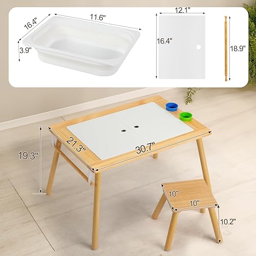 Miniatura 2 de Juego de mesa y sillas de madera, mesa de actividades con taburete, 2 contenedores de almacenamiento y soporte para rollos de papel, mesa de comedor