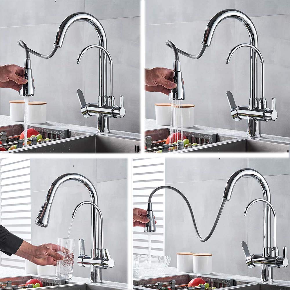 Grifo de cocina cromado con filtro de agua pura, grifo de cocina de latón de 3 vías giratorio, para tirar hacia abajo, doble manilla, grifo mezclador caliente y frío
