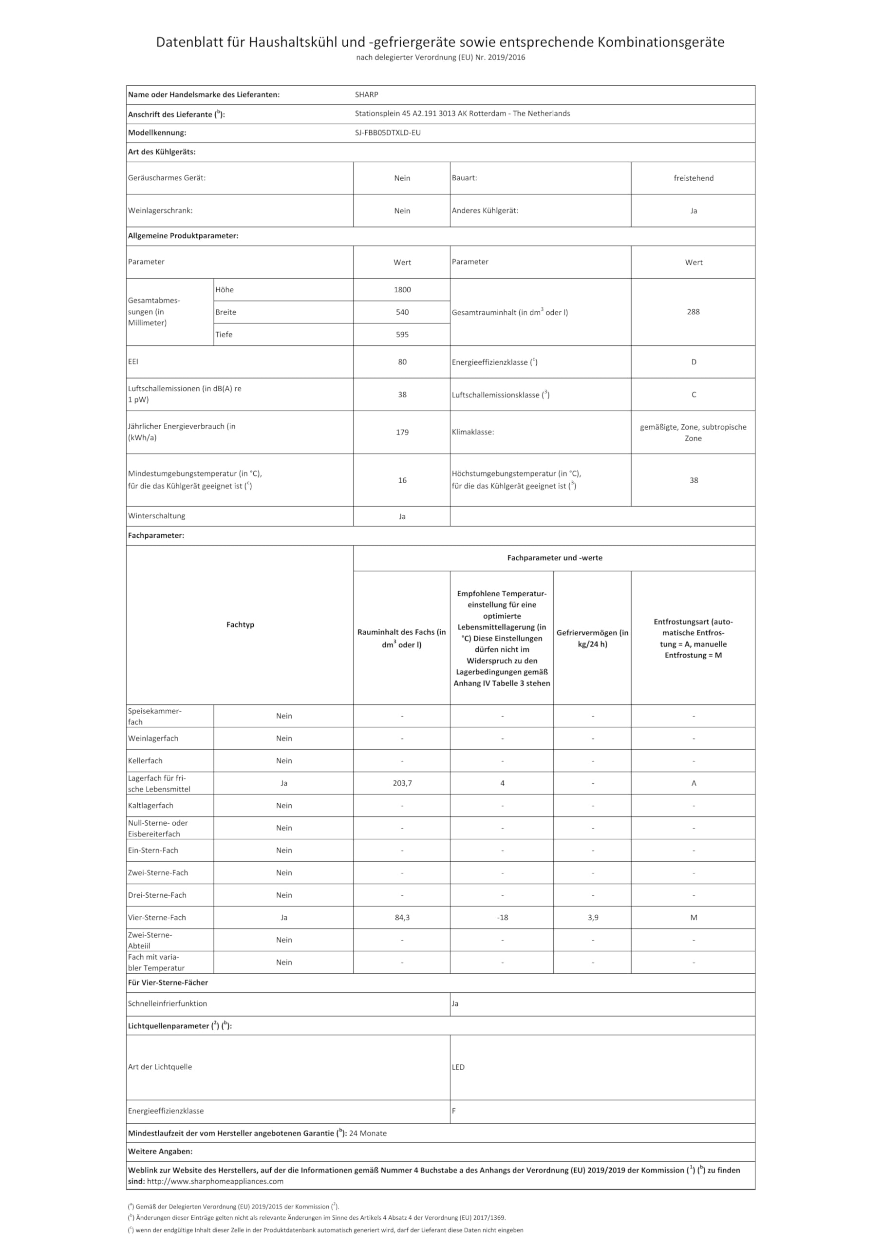 SHARP SJ-FBB05DTXLD-EU freistehende Kühl-Gefrierkombination (Low Frost, EEK D, 288 L, 38 dB), (Gemüsefach mit Feuchtigkeitsregler), Inox Look, H180 x B54cm