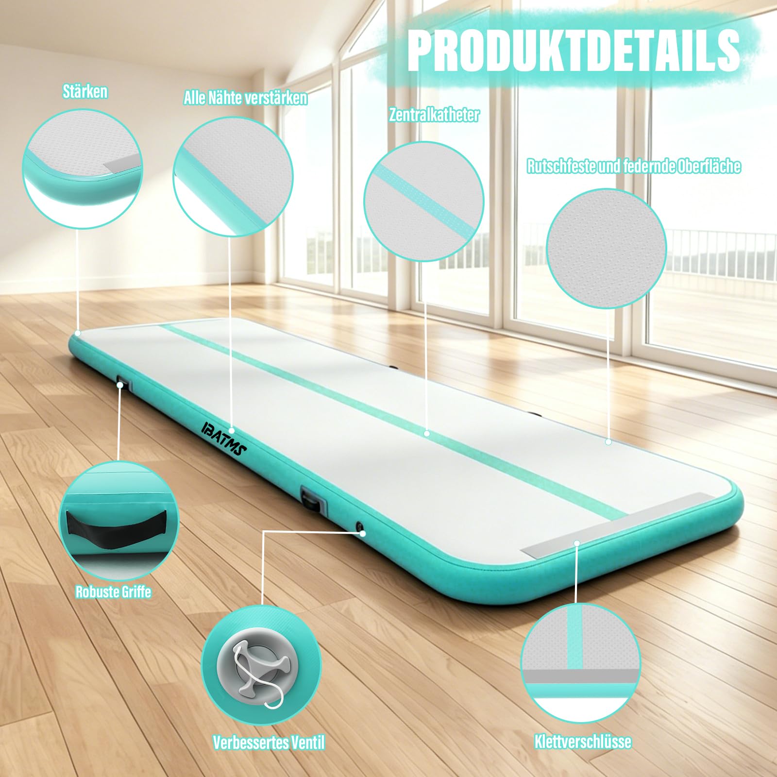IBATMS Air Matte Track 3M 4M 5M 6M, Aufblasbare Turnmatte & Gymnastikmatte für Kinder, Tumbling Matte mit elektrischer Luftpumpe für Zuhause, Outdoor, Garten, Gymnastik & Training