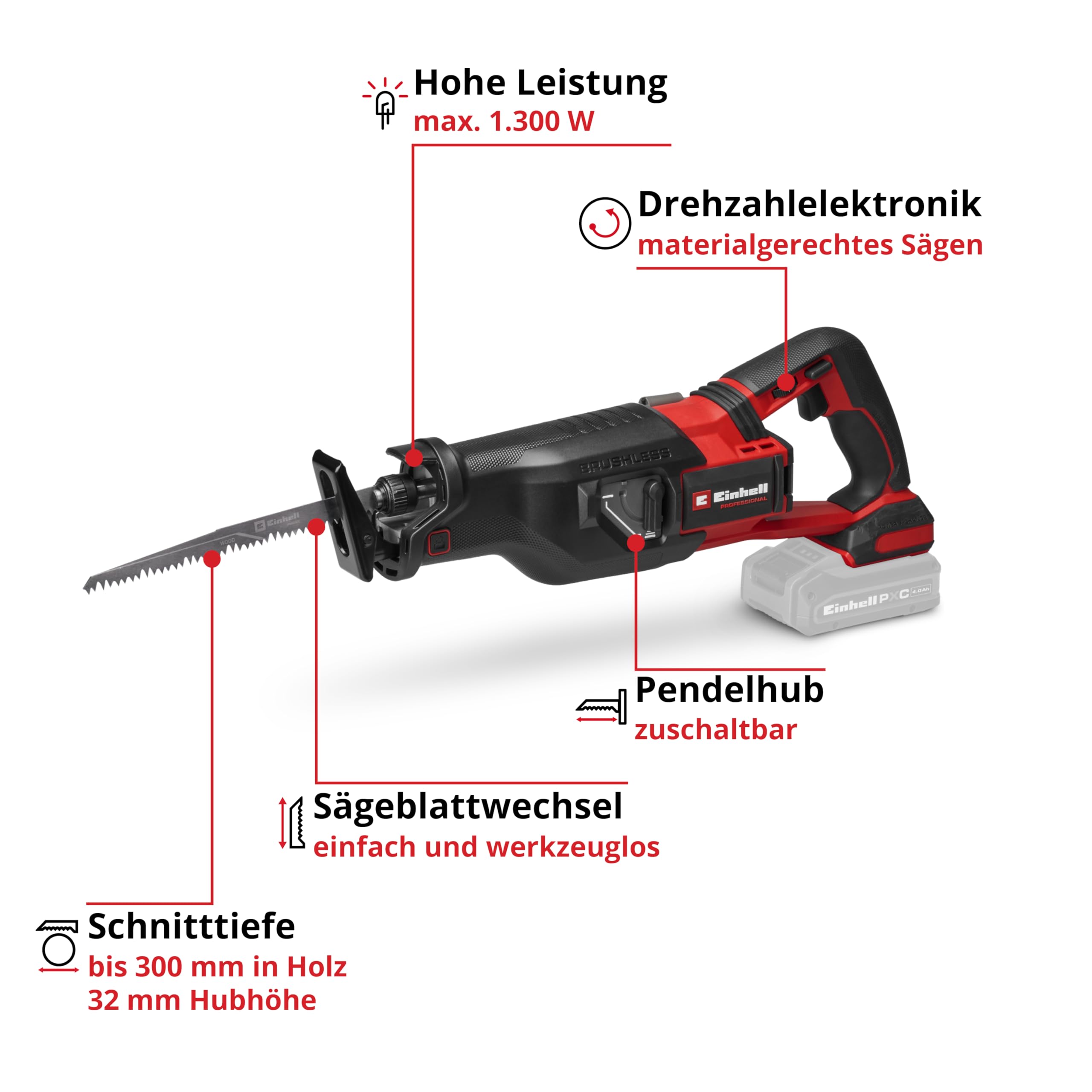 Einhell Professional Akku-Universalsäge TP-AP 18/32 Li BL - Solo PXC (18 V, 1300 W, Brushless, 32 mm Hubhöhe, 300 mm Schnitttiefe in Holz, inkl. 2x Sägeblatt, ohne Akku)